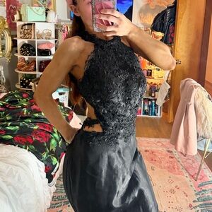 XScape Halter Black Prom Elegant Black Lace Dress